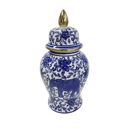 SAGEBROOK HOME Sagebrook Home 15425-02 14 in. Temple Jar with Elephant; Blue & White 15425-02